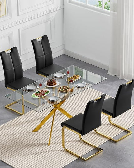 5 Piece Glass Dining Table Set, Glass Kitchen Dining Room Table Set for 4, 61" Modern Rectangular Gold Glass Metal Dining Table with 4 Black PU Leather Dining Chairs for Kitchen Dining Room