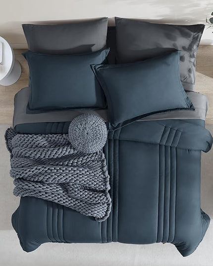 Monbix King Size Comforter Set - 7 Pieces Bed in a Bag King, Blue Gray Bedding Sets with Comforter, All Seasons Comforter Bed Set with Sheets, Pillowcases & Shams