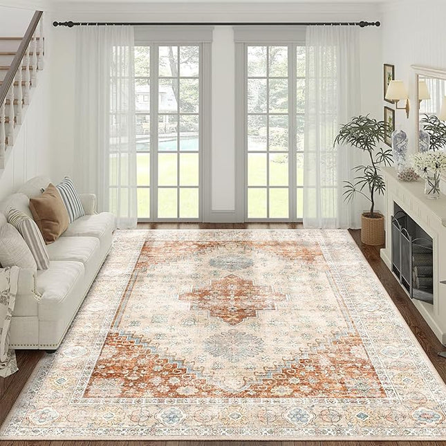 MUJOO 8x10 Area Rugs,Washable Rugs for Living Room Dining Room Bedroom,Large Boho Throw Carpet,Non Slip Big Indoor Low Pile Terracotta