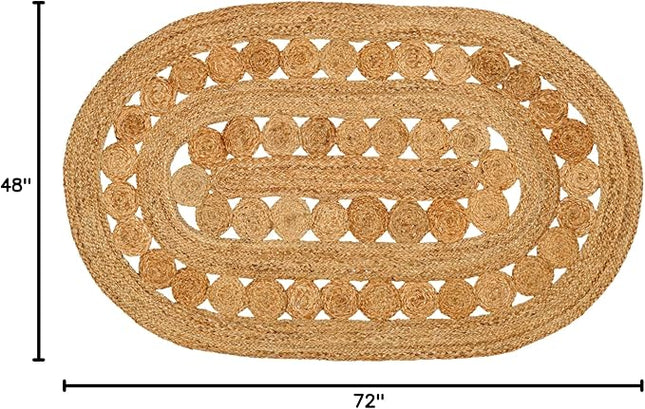 Hand Woven Jute Area Rug - 4' x 6' Feet - Rustic Beige Reversible Oval Rugs for Bedroom, Kitchen, Living Room - Vintage Natural Braided Entry Floor Décor Boho Oval Area Rugs 4x6 Feet