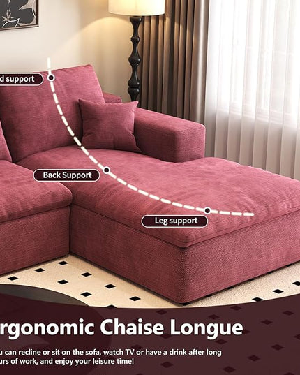 107'' L-Shaped Modern Modular Sectional Cloud Couch, 4-Seat Chenille Deep-Seat Sofa with Pillow for Living Room, Bedroom, Apartment, Wine Red