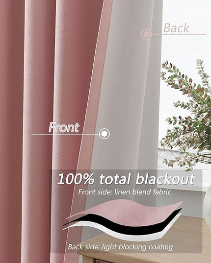 Guken 100% Blackout Linen Curtains 63 Inch 2 Panels Set for Girl's Bedroom, Living Room, Nursery, Back Tab Thermal Insulated Black Out Drapes Room Darkening, Pink