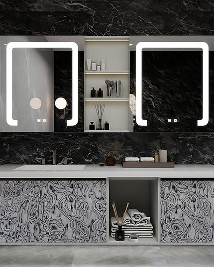 Bathroom Vanity with Sink - Modern Bathroom Cabinet | Large Storage Cabinets & Open Storage Compartments, Smart Defogging Mirror has Surrounding LED Lights (White & Texture, 52IN)