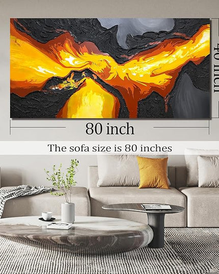 GUGIKA Extra Large Abstract Wall Art for Living Room, Hand Painted 3D Textured Magma Paintings, Black and Gold Yellow Volcanic Lava Canvas Wall-Decor for Bedroom, Size 80x40 Inches
