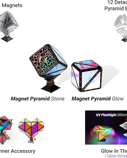 TOSY Magnet Pyramid Stone - 1 Cube Transforms into 1 Billion Shapes, 14 pcs (12 Puzzle pcs and 2 Spinners), 243 Magnets, Christmas Stocking Stuffers Gift for Kids, Creative Puzzle STEM Toy, 4-Pack