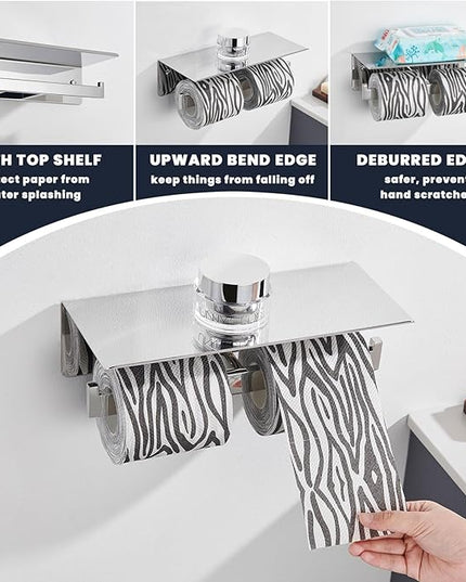 Suyar Double Toilet Paper Holder, SUS 304 Stainless Steel Bathroom Toilet Paper Roll Holder with Shelf, Polished Chrome