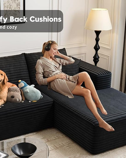107.5" Cloud Modular Sectional Sofa Couch with L-Shape Chaise,Modern Minimalist Upholstered Couches for Living Room Bedroom,Deep Seat Corner Couch，No Assembly Required (Black,Right Facing Chaise)