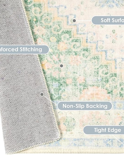 MUJOO 9x12 Area Rug,Washable Rugs for Living Room Bedroom Dining Room,Boho Large Non Slip Throw Carpet Indoor,Low Pile Light Green and Blue