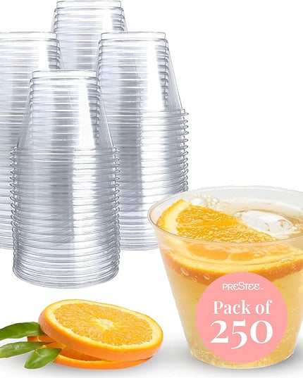 Prestee 250-Pack - 9oz Clear Plastic Cups - Durable Disposable Plastic Wine Glasses for Party, Weddings, and Catering - Small Drinking Glasses for Cocktails and Beverages - Heavy-Duty Fruit Punch Cups