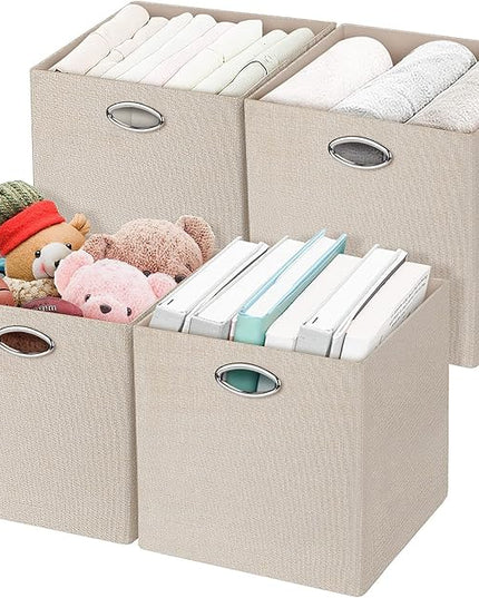 Posprica Storage Cubes, 12×12 Storage Bins, Fabric Drawers Organizer Basket, 4pcs, Beige