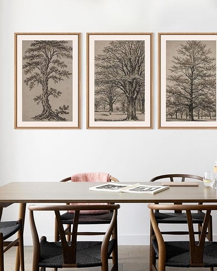 HOURIA Vintage Tree Sketch Framed Canvas Wall Art Set,Natural Brown and Gray Woodland Wall Decor,Mid Century Nature Forest Artwork,Textured Botanical Art Print for Living Room,Bedroom,Office-16"x24"x3