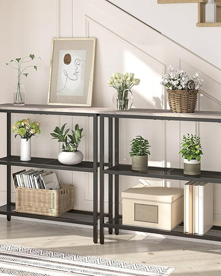 HOOBRO 29.5" Narrow Console Table, 3-Tier Entryway Table, Thin Sofa Table with Shelves, Side Table, Display Table, for Hallway, Entrance, Living Room, Bedroom, Greige and Black BG73XG01