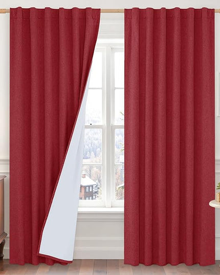 LAMIT Red 100% Blackout Linen Curtains, 84 Inch Linen Textured Living Room Christmas Decor Curtains Room Darkening Back Tab and Rod Pocket Neutral Panels with White Liner, 2 Panels, 52 x 84 Inch