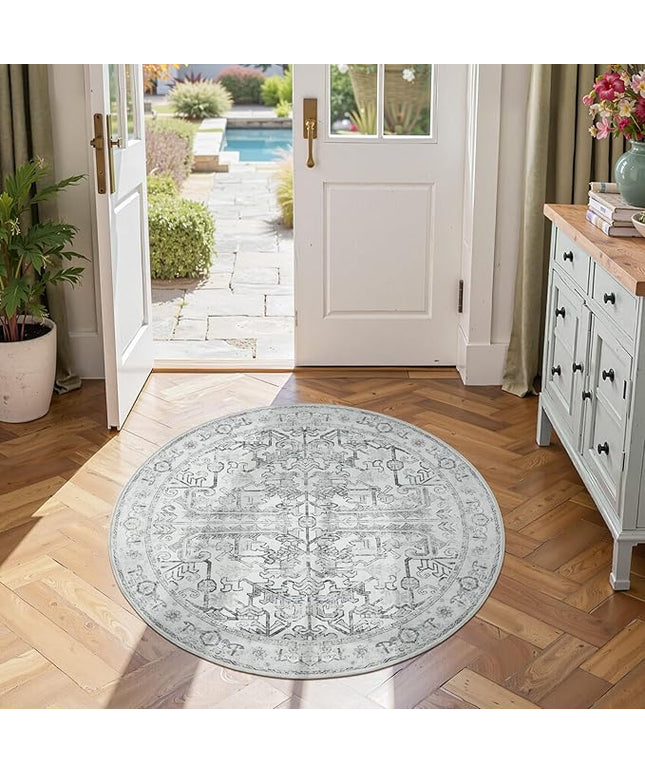 jinchan Lima Round Rug 4ft Vintage Machine Washable Area Rug Indoor Circle 4' Ultra-Thin Non-Slip Floral Print Carpet for Farmhouse Entryway Dining Room Living Room Bedroom Office (4'Round, Grey)