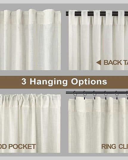 Natural Linen Curtains 108 Inches Long for Living Room 2 Panels Set Loop Pocket Back Tab Draperies Neutral Earth Tone Soft Cotton Textured Semi Sheer Linen Curtains for Large Window Vertical 9 FT Tall