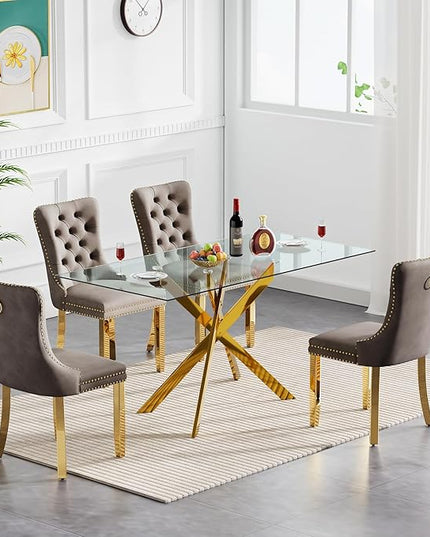 60" Glass Dining Table Set for 4, Modern Dining Room Table Set for 4, Gold X-Shape Glass Kitchen Table with 4pcs Gray Dining Chairs, 5 Piece Dining Set for Dining Living Room