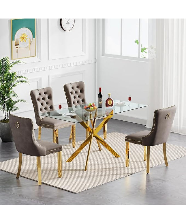 60" Glass Dining Table Set for 4, Modern Dining Room Table Set for 4, Gold X-Shape Glass Kitchen Table with 4pcs Gray Dining Chairs, 5 Piece Dining Set for Dining Living Room