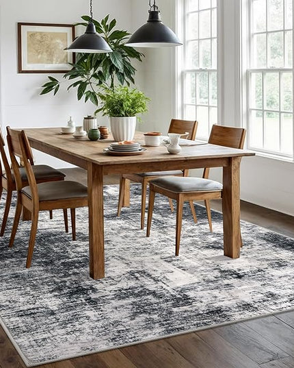 IOHOUZE Modern Abstract Area Rugs 6x9 Ft Washable Rugs for Living Room, Non Slip Dining Room Rug, Printed Faux Wool Rugs for Bedroom, Floor Carpet for Office Nursery Playroom, Black Grey