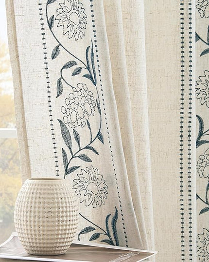 jinchan Winslow Linen Curtains for Bedroom 63 Inches Length Embroidered Bordered Floral Curtains for Living Room Farmhouse Decor Light Filtering Window Treatments Blue on Beige Drapes 2 Panels