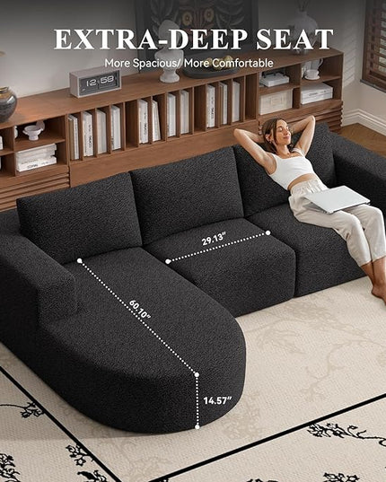 Modular Sectional Sofa with L-Shape Chaise,Cloud Sectional Modern Sleeper Couch with Deep Seat,Sponge Compression Sofas No Assembly Required (Black-Sherpa Fabric) 1PCS