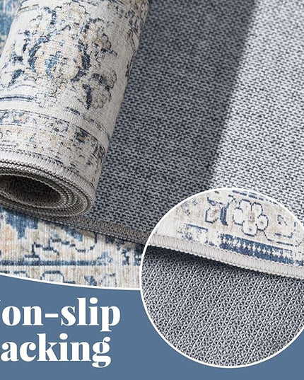 jinchan Fiora Floral 2x3 Rug for Entryway - Vintage Washable Small Non-Slip Distressed Indoor Doormat Ultra-Thin Low-Pile Accent Rug for Entrance Kitchen Bedroom Bathroom (2x3ft, Dark Blue)