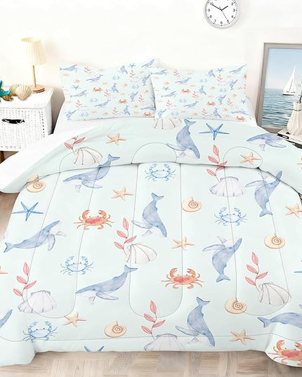 Whale Bedding Set Twin Size Light Blue Boys Ocean Comforter Set Twin Size Marine Life Bed Set Crab, Shell, Starfish Pattern Bedding for Kids Cute Ocean Quilt Set with 1 Comforter+ 1 Pillowcase
