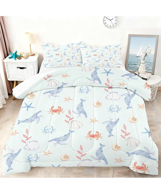 Whale Bedding Set Twin Size Light Blue Boys Ocean Comforter Set Twin Size Marine Life Bed Set Crab, Shell, Starfish Pattern Bedding for Kids Cute Ocean Quilt Set with 1 Comforter+ 1 Pillowcase