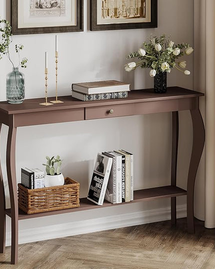 ChooChoo 47 Inch Narrow Console Table with Drawer, Chic Accent Sofa Entryway Table with Shelves for Entryway, Living Room, Hallway, Espresso