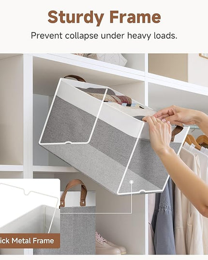StorageWorks Storage Bins, Fabric Storage Bins for Shelves, Large Storage Baskets with Metal Frame, Closet Baskets and Bins with Handles, Gray and White, 2-Pack