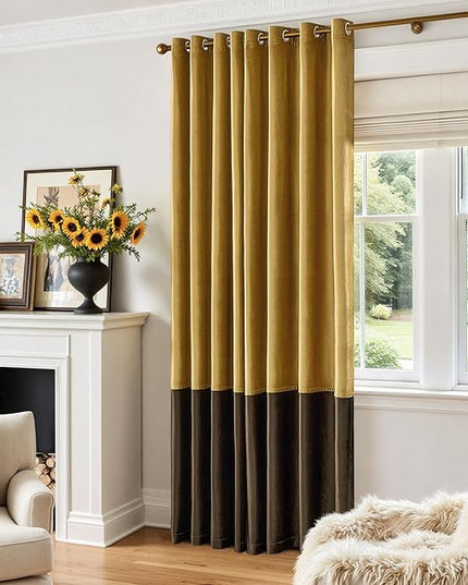 BULBUL Color Block Window Curtains Panels 102 inches Long Gold Brown Velvet Farmhouse Drapes for Bedroom Living Room Darkening Treatment with Grommet Set of 2