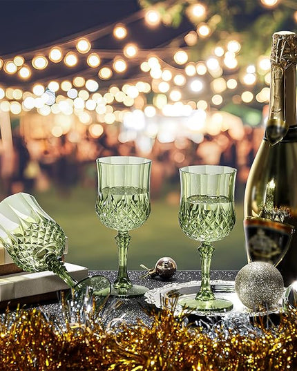 XUWAIDSGN 24 Pcs 7oz Plastic Vintage Wine Glasses Drinking Glasses Unbreakable Wedding Glassware Crystal Water Goblets Reusable Drinkware Vintage Champagne Flutes (24, Dark Green)