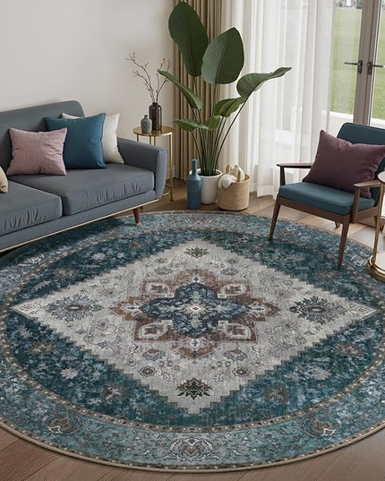 Ciicool Boho Circle Area Rug Washable 6x6ft Round Bedroom Rug Non-Slip Oriental Throw Rug Low-Pile Floor Carpet for Dining Room Living Room
