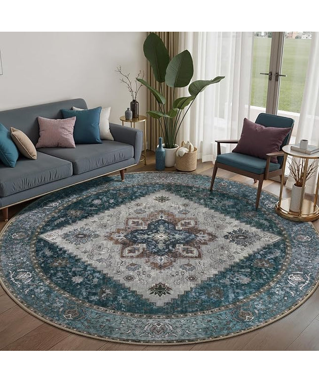Ciicool Boho Circle Area Rug Washable 6x6ft Round Bedroom Rug Non-Slip Oriental Throw Rug Low-Pile Floor Carpet for Dining Room Living Room