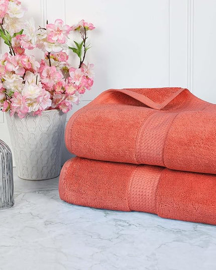Superior Egyptian Cotton Pile Bath Sheet Set of 2, Ultra Soft Luxury Towels, Thick Plush Essentials, Absorbent Heavyweight, Guest Bath, Hotel, Spa, Home Bathroom, Shower Basics, Coral