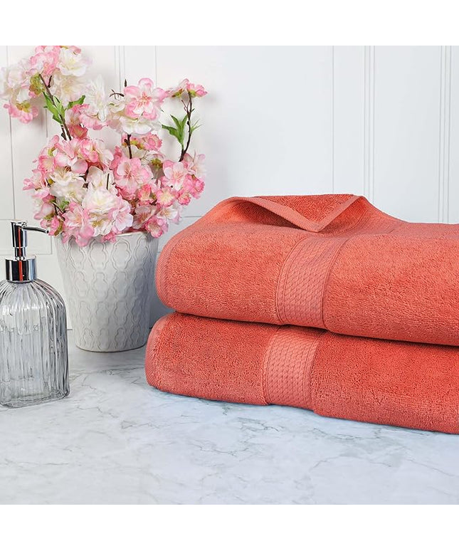 Superior Egyptian Cotton Pile Bath Sheet Set of 2, Ultra Soft Luxury Towels, Thick Plush Essentials, Absorbent Heavyweight, Guest Bath, Hotel, Spa, Home Bathroom, Shower Basics, Coral