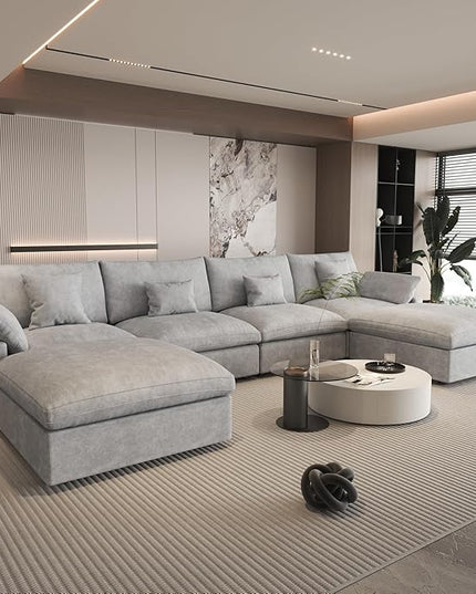 WJShome 160" Cloud Couch Modular Sectional for Living Room, Down Filled U Shaped Couch with Ottoman,Modern 6 Seater Convertible Couches, Sofa Covers Washable&Replaceable,Gray