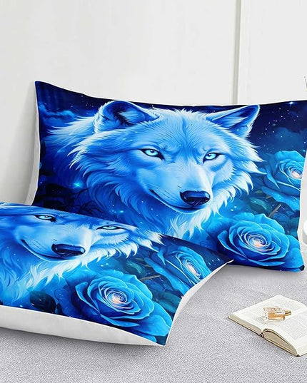 Bedbay Comforter Set King Size Rose Floral Bedding Set Blue Galaxy Sky Wolf Print King Bed in a Bag Set Boys Teen Room Decor Wild Animal Bedding Comforter Set with Sheets