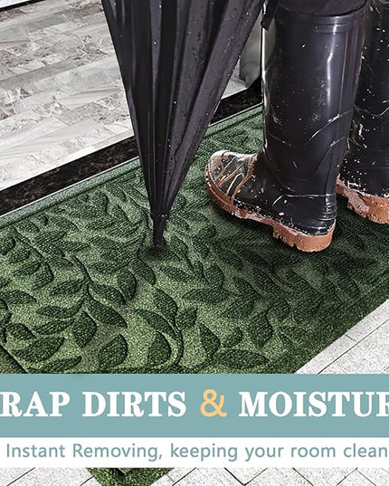 Bulijojo Sturdy Frontr Entrance Doormats,Durable Heavy Duty Welcome Mat,Thick Absorbent Natural Rubber Non Slip Mat,Easy Clean Entryway Mat Leaves Green 23"x35"