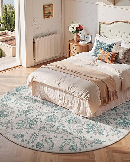 jinchan Torino Classic Floral Round Rug 7ft Vintage-Inspired Design 7’Circle Rug Machine Washable Ultra-Thin Low-Pile Non-Slip Indoor Carpet for Bedroom Dining Room Living Room