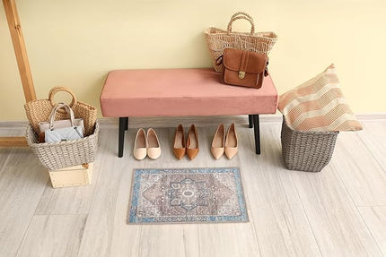 GLN Rugs Traditional Collection - Machine Washable Area Rug, Traditional Washable, Non Slip, Low Pile Chenille Rug, Living Room, Bedroom, Kitchen Rug (2'x3' Brown/Blue)