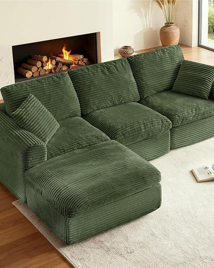 108” Modular Sectional Sofa Couches L Shaped Couch 3 Seater Cloud Sofa Memory Foam Sectional Couches for Living Room, Boneless Couch with Ottoman, Corduroy, Green