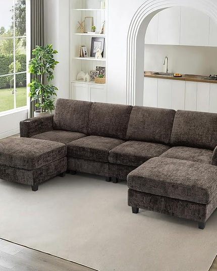 110" Convertible U-Shape Couch with 2 Flexible Ottomans, Soft Sectional Sofa with 2 Built-in Cup Holders, Chenille 4 Seats Sofa with Well-Filled Back Cushions for Living Room, House, Brown