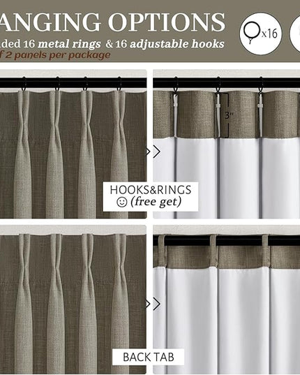 Pinch Pleated Blackout Curtains 96 Inches Long for Bedroom, Sepia Ebony Memory Trained Two Layer Thick Linen Thermal Noise Cancelling Farmhouse Privacy Windows Curtain 40x96 Inch Length 2 Panels Set