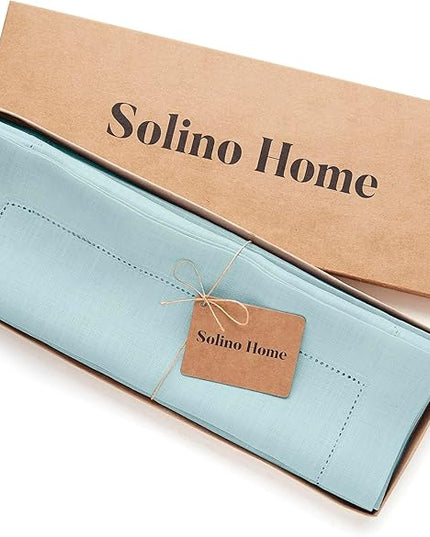 Solino Home Linen Cloth Placemats Set of 4-100% Pure Linen Hemstitch Aqua Blue Placemats 14 x 19 Inch - Classic Hemstitch Table Place Mats
