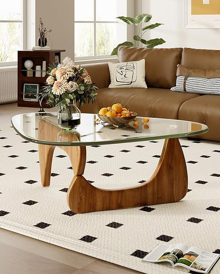 Coffee Table for Living Room Mid Century Modern Center Table with Glass Top and Wood, Transparent/Walnut