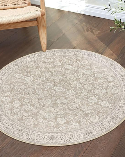 3' Round Rug Washable Rug for Entryway, Cream Beige White Grey Soft Non-Slip Area Rugs Distressed Floral Low-Pile Carpet, Neutral Vintage Circle Rugs for Living Room Dining Bedroom Foyer