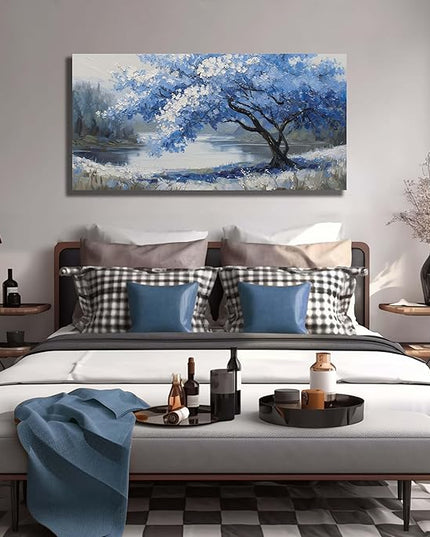 JuhaiArt Scenery Picture Wall Decorations Large Tree Wall Art Blue Canvas Wall Art for Living Room Bedroom Office White Poster 29"x 59"