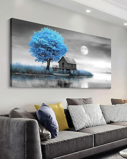 JEAWA Large Canvas Wall Art Decor - Blue Gray Wall Art for Living Room Home Office, Winter Landscape Wall Art Canvas Paintings, Moon Pictures Wall Decor, Tree Art Wall Decor, 29x58 IN