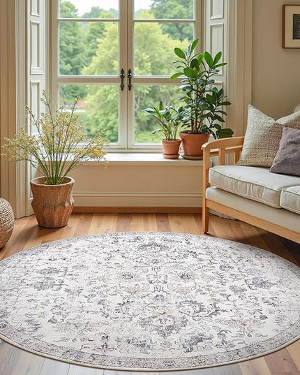 jinchan Kalen Round Rug 6ft Area Rug Washable Vintage Indoor Retro Floor Cover Distressed Gray Floral 6' Round Circle Boho Non Slip Thin Carpet for Living Room Dining Room Bedroom Kitchen Grey