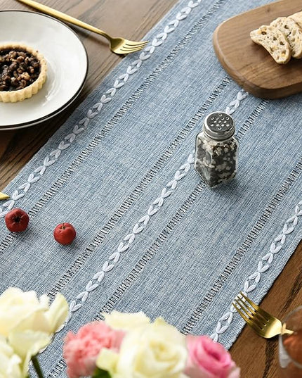 Artoid Mode Dusty Blue Cotton Linen Table Runner, Seasonal Rustic Embroidered Hollow Kitchen Dining Table Decoration for Home Party Decor 13x108 Inch
